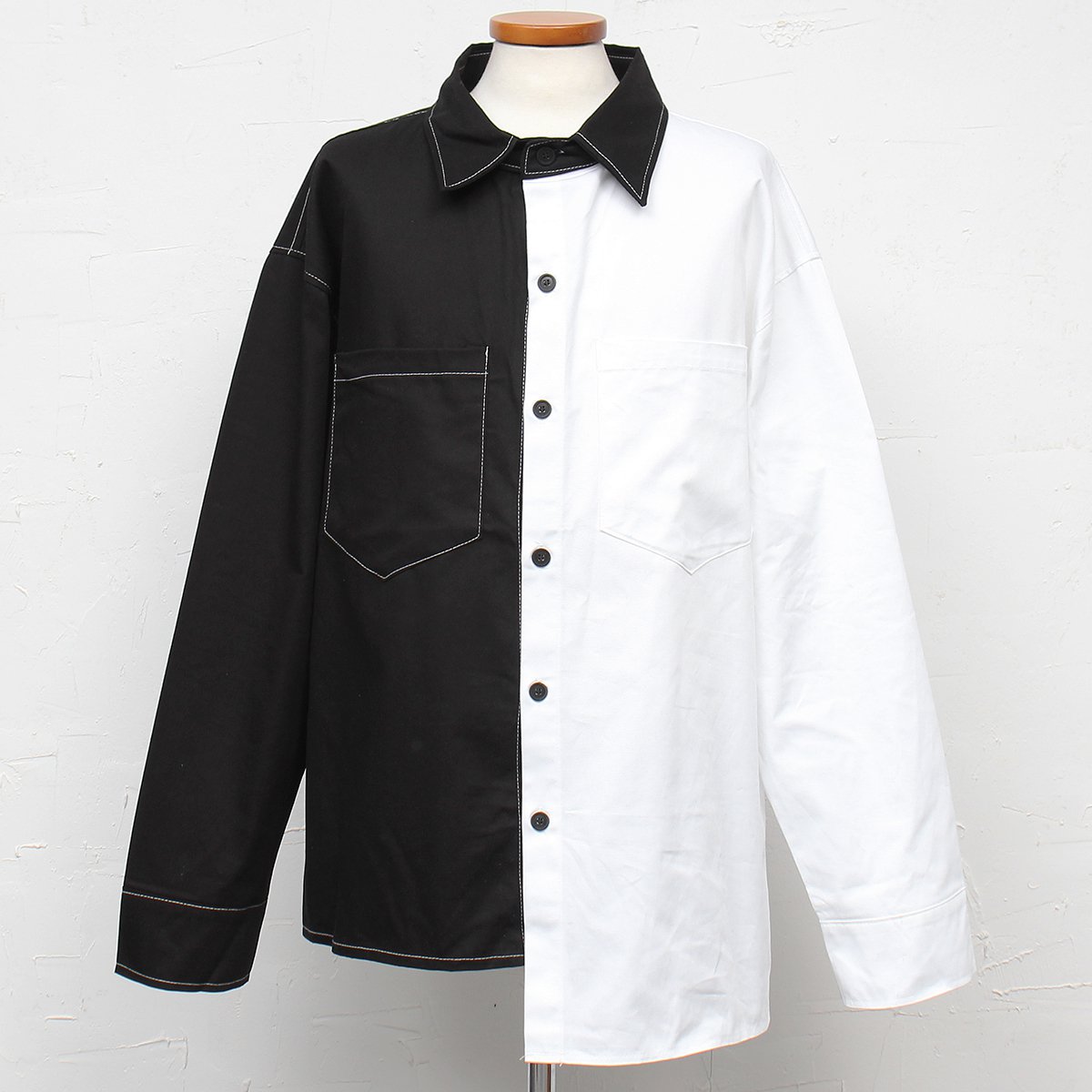 Half Black White Contrast Color Unbalanced Hem Boxy Shirt 0