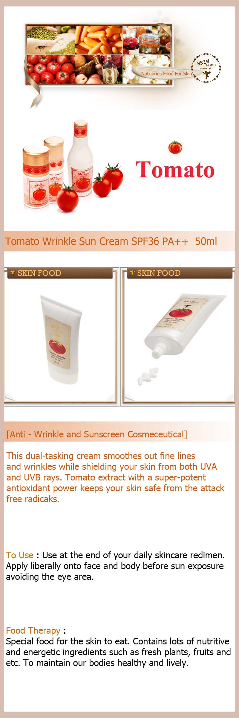 SKIN FOOD Tomato Wrinkle Sun Cream SPF36 PA++ 50ml  
