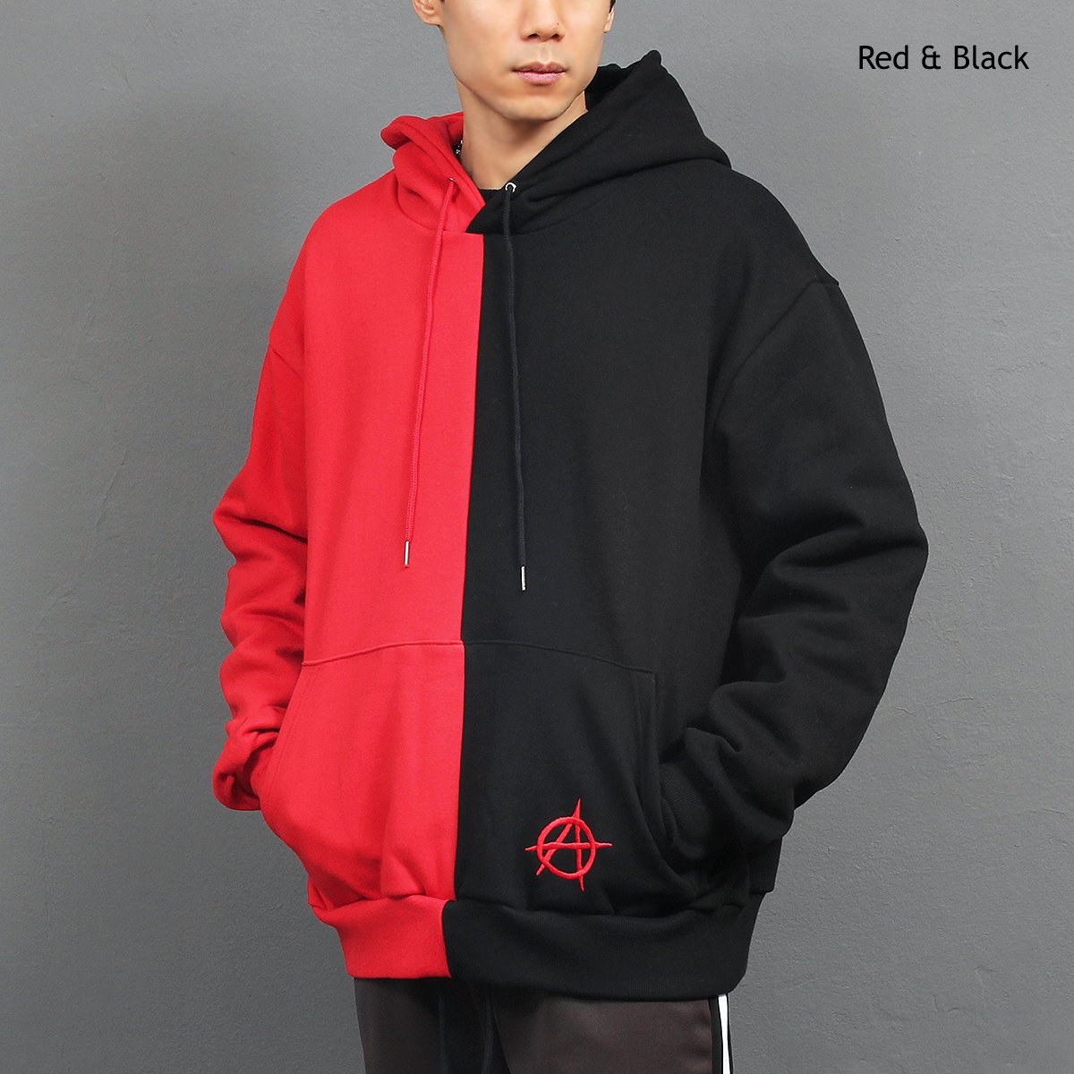 half red half black hoodie