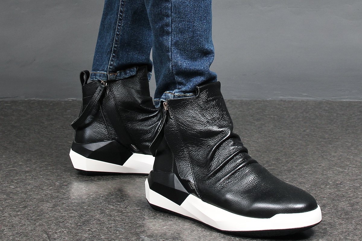 Mens fashion Shirring Leather High Top Double Zipper Sneakers 171A-2,GENTLERSHOP 