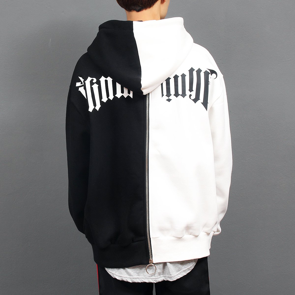 Contrast Half Color Printing Back Zip Up Hoodie - Gentler