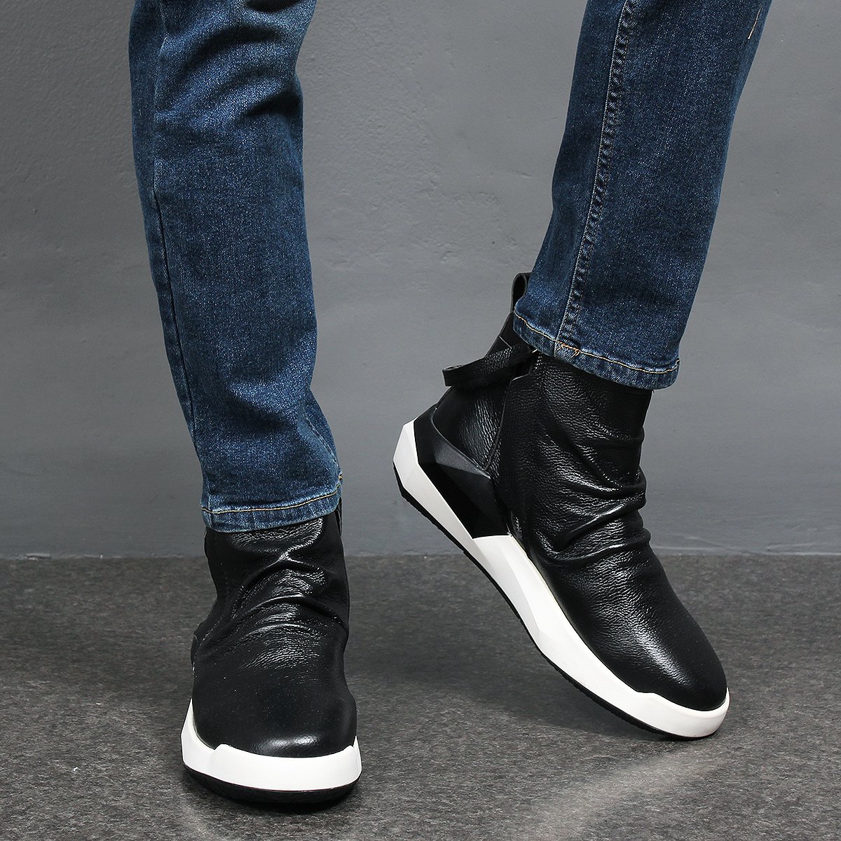 Mens fashion Shirring Leather High Top Double Zipper Sneakers 171A-2,GENTLERSHOP 