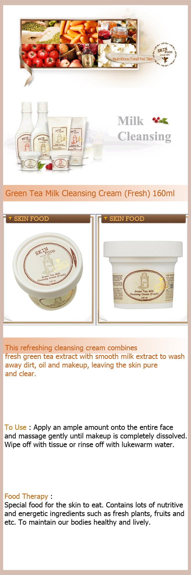 SKIN FOOD Green Tea Milk Cleansing Cream (Fresh) 160ml  