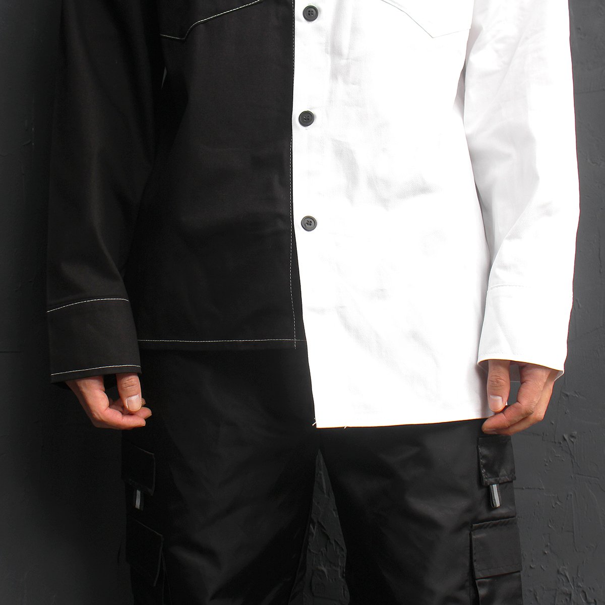 Half Black White Contrast Color Unbalanced Hem Boxy Shirt 0